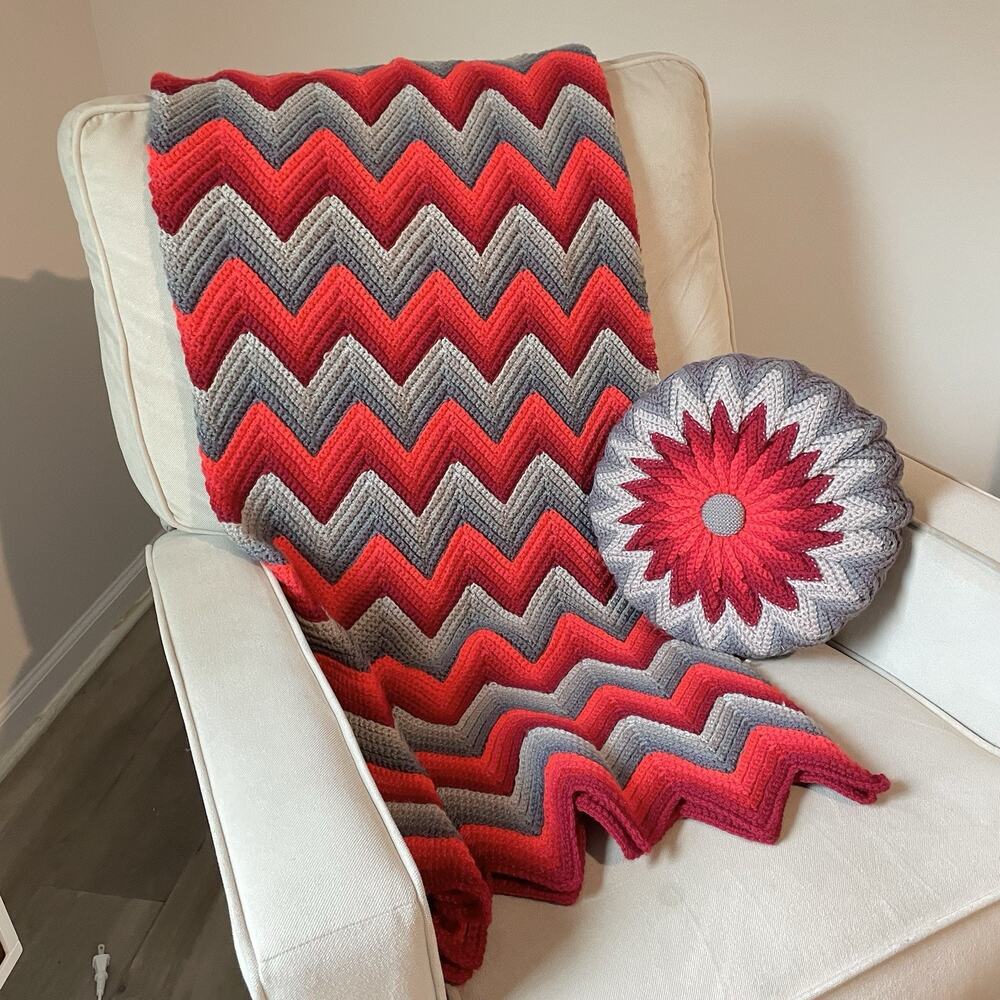Crocheted Bright Fire š„ Chevron Stripe Afghan Throw Blanket 43ā X 66ā W/ Pillow